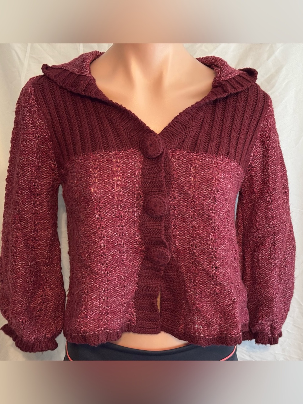 Women's Burgundy Knit Hooded Button-Front Cropped Cardigan Sweater